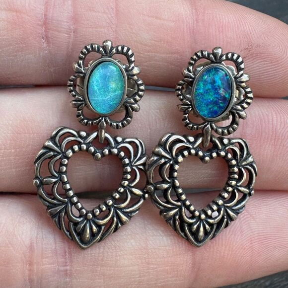 Carolyn Pollack 925 Sterling Silver Opal Heart Earrings, Filigree Dangles Relios - Picture 3 of 10